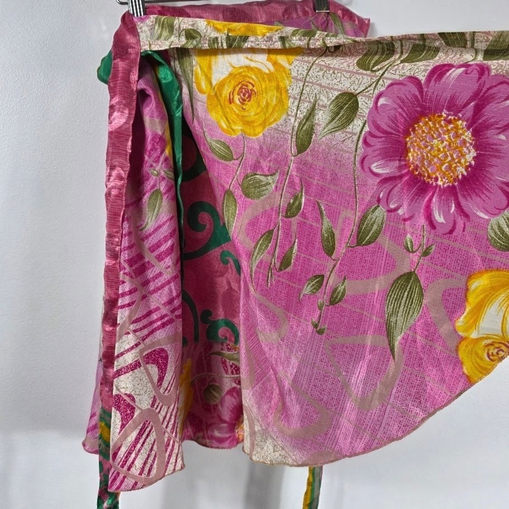 Silk Reversible Wrap Skirt Women S-L Pink Green Floral‎ Polka Dot Boho - Picture 5 of 6
